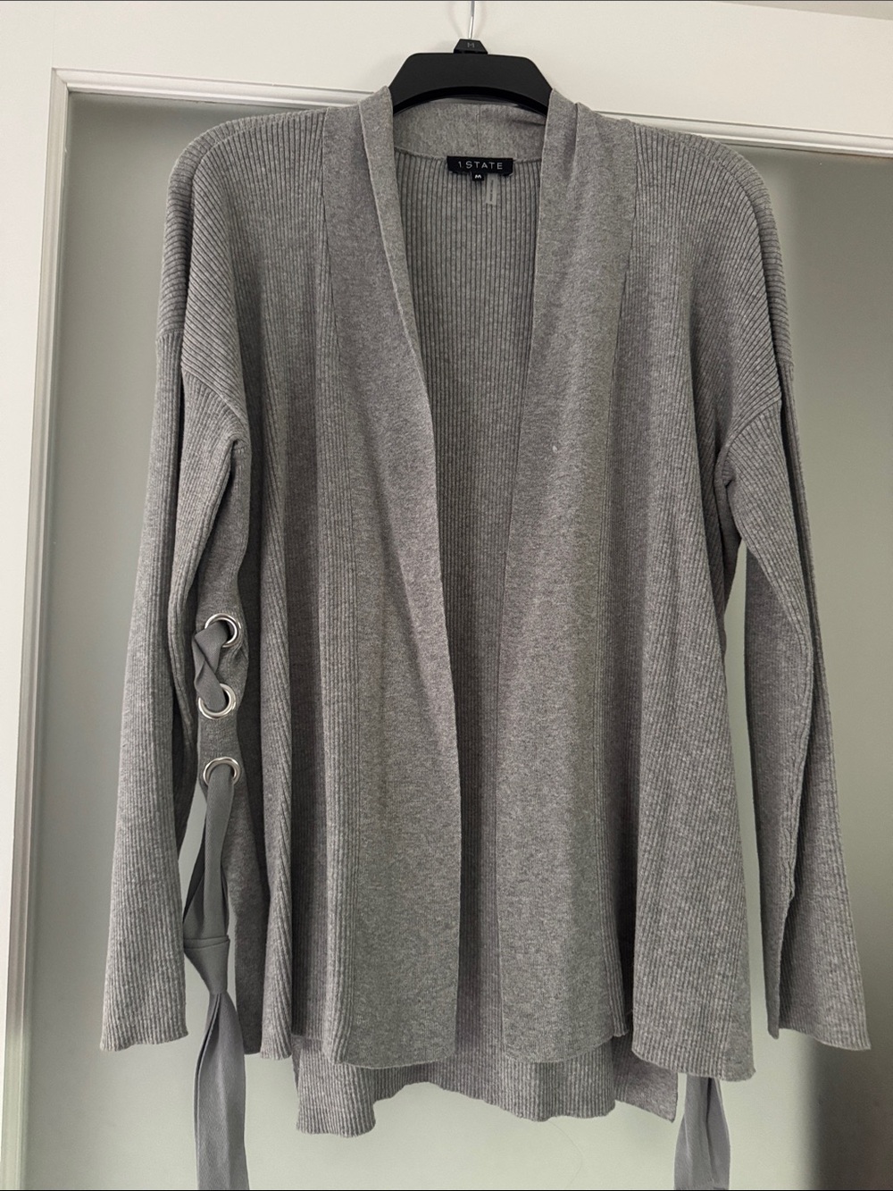 1. State Light Gray Ribbed Open Front Cardigan with Lace-Up Side